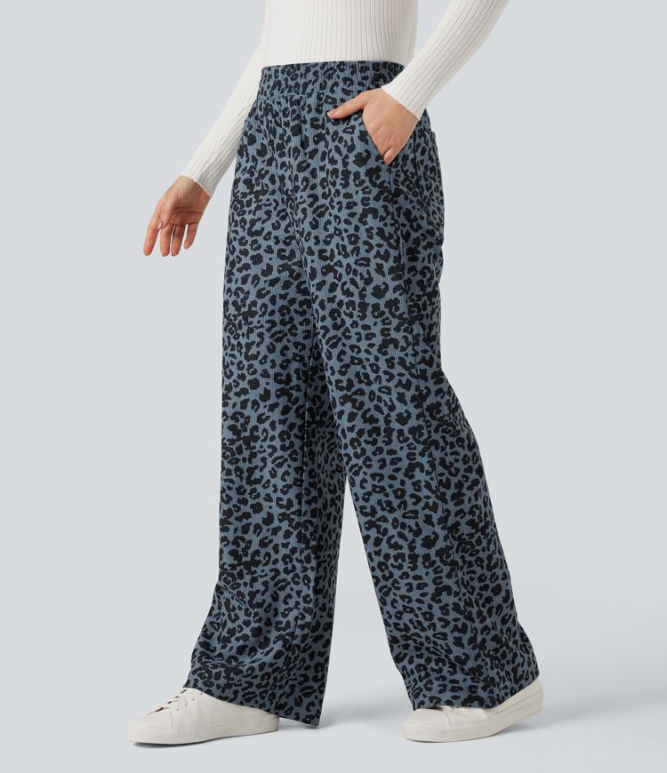 High Waisted Leopard Print Corduroy Casual Baggy Pants with Pockets