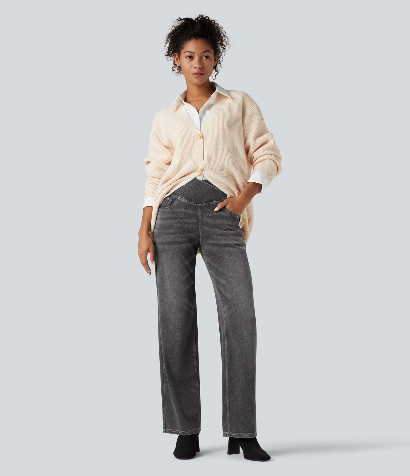 Halara Flex™ Crossover High Waisted Tummy Control Casual Straight Leg Jeans with Pockets