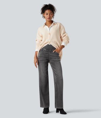 Halara Flex™ Crossover High Waisted Tummy Control Casual Straight Leg Jeans with Pockets