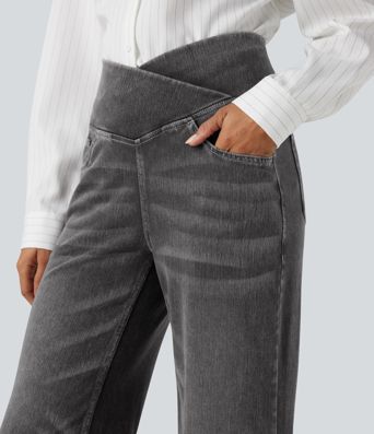 Halara Flex™ Crossover High Waisted Tummy Control Casual Straight Leg Jeans with Pockets