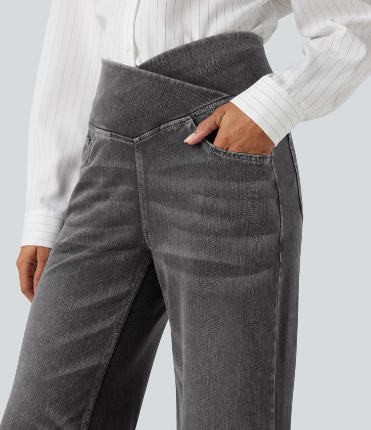 Jean droit décontracté croisé gainant taille haute avec poches Halara Flex™