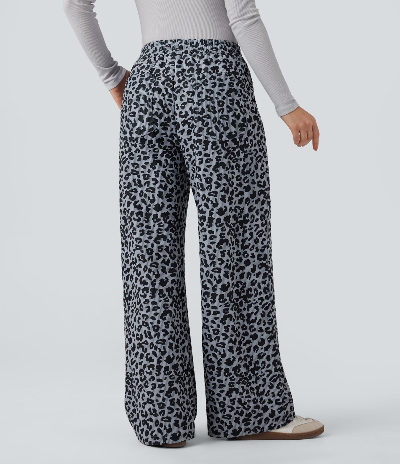 Hochgeschnittene Leoparden-Print Cord Casual Weite Hose mit Taschen