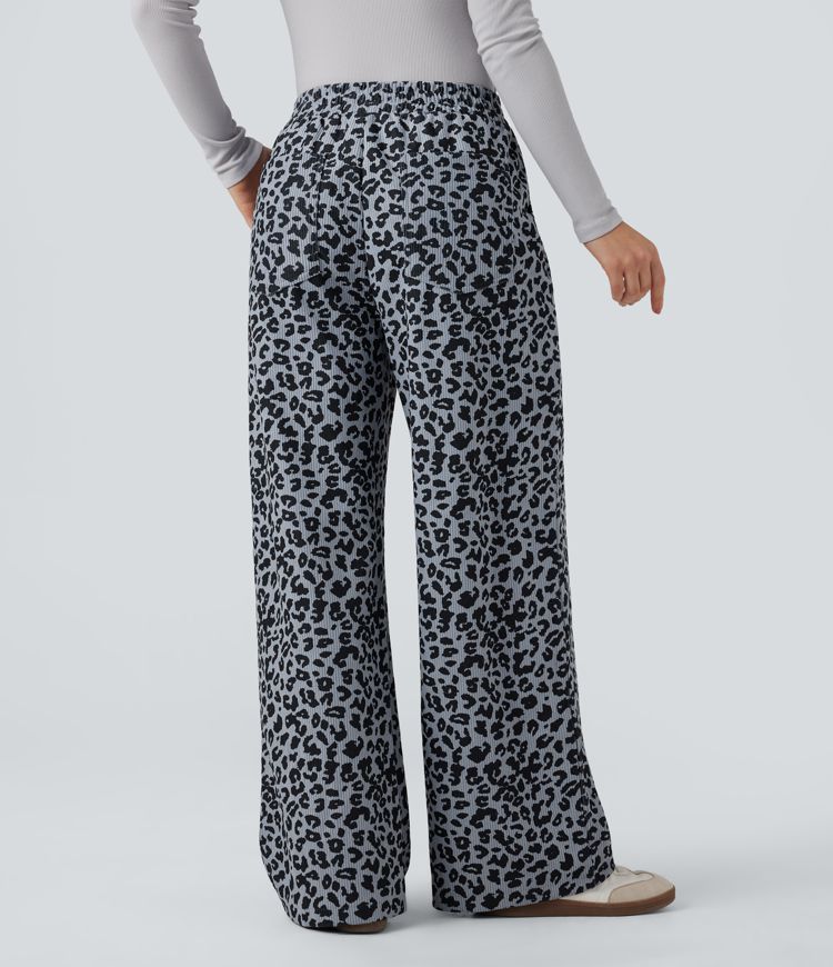 Hochgeschnittene Leoparden-Print Cord Casual Weite Hose mit Taschen