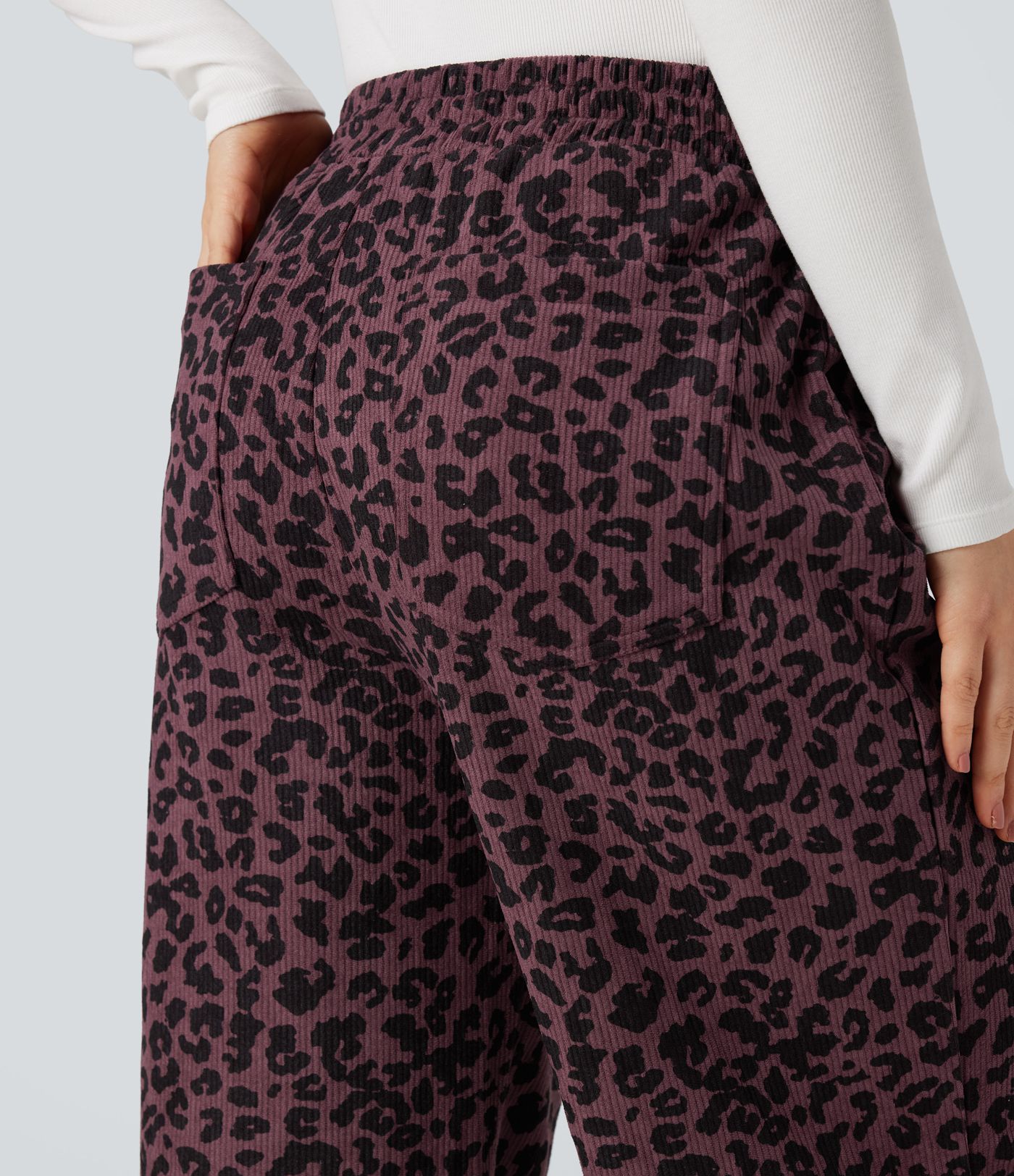 High Waisted Leopard Print Corduroy Casual Baggy Pants with Pockets