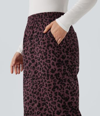 High Waisted Leopard Print Corduroy Casual Baggy Pants with Pockets