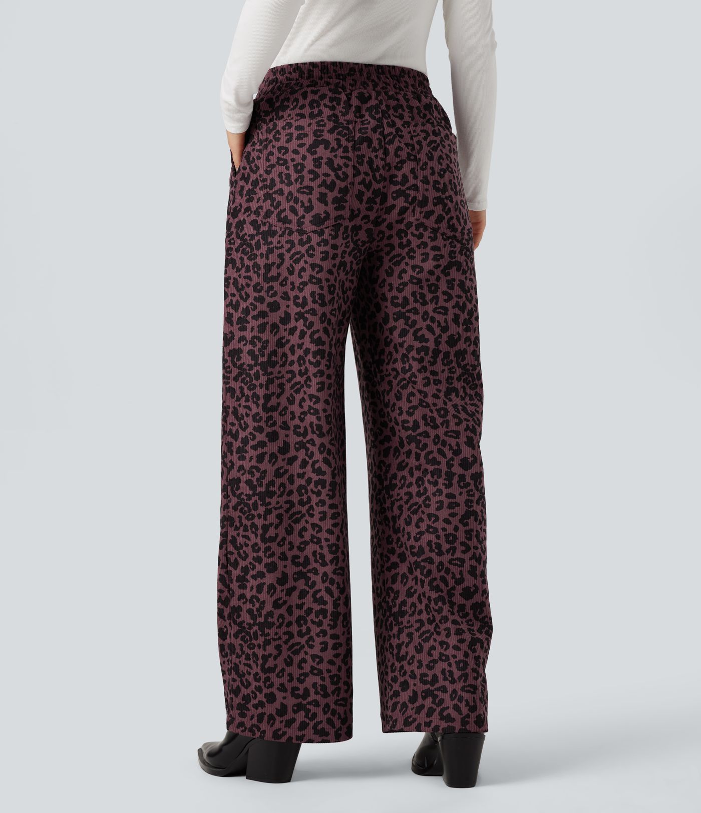 High Waisted Leopard Print Corduroy Casual Baggy Pants with Pockets