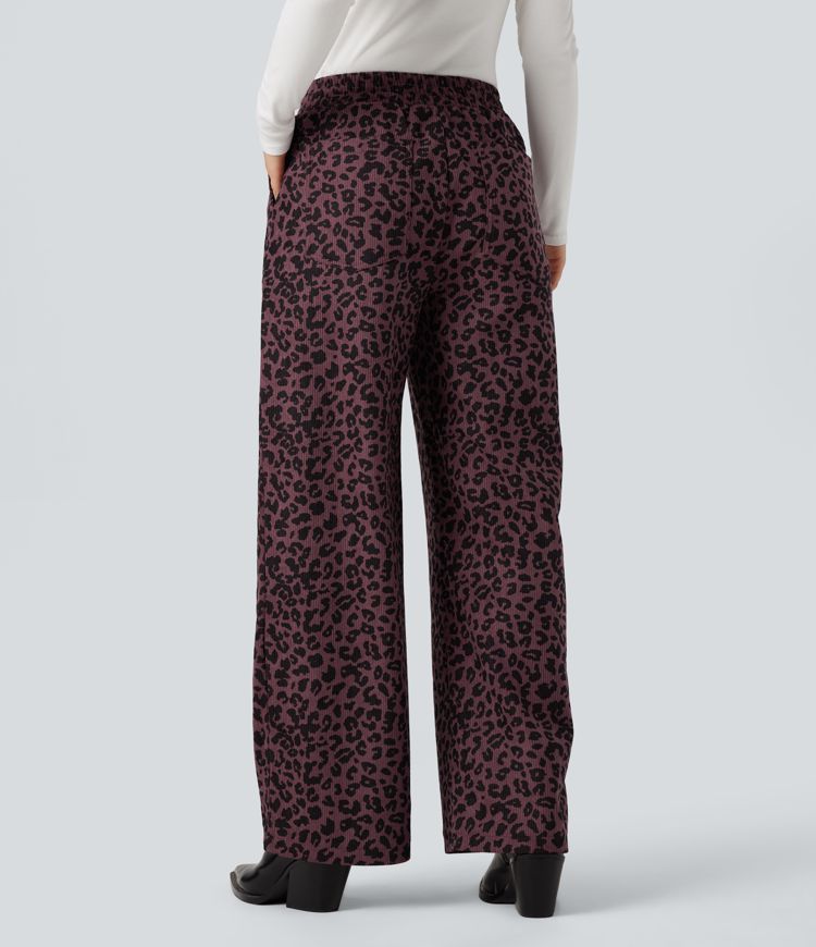 High Waisted Leopard Print Corduroy Casual Baggy Pants with Pockets