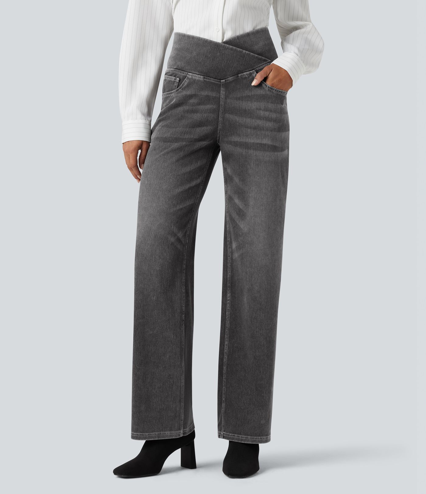 Halara Flex™ Crossover High Waisted Tummy Control Casual Straight Leg Jeans with Pockets