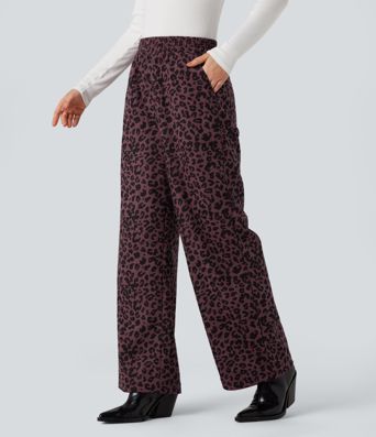 High Waisted Leopard Print Corduroy Casual Baggy Pants with Pockets
