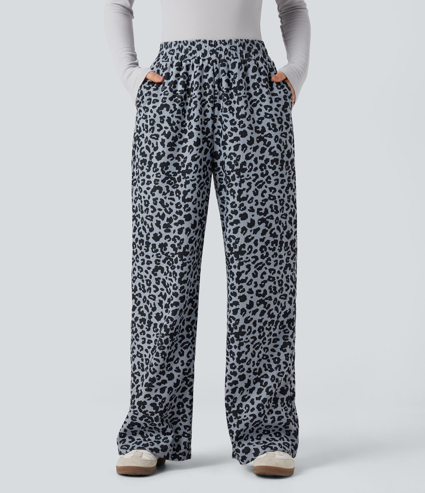 Hochgeschnittene Leoparden-Print Cord Casual Weite Hose mit Taschen
