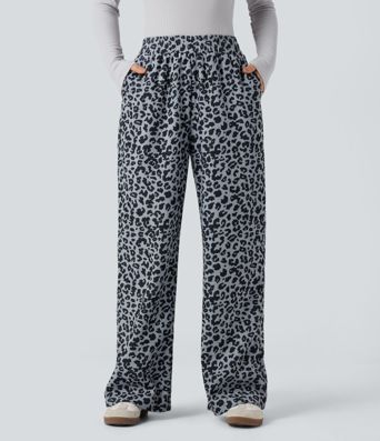Hochgeschnittene Leoparden-Print Cord Casual Weite Hose mit Taschen