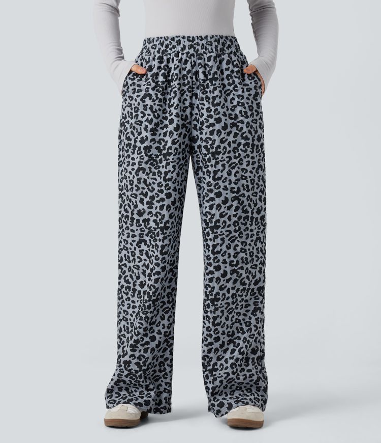 Hochgeschnittene Leoparden-Print Cord Casual Weite Hose mit Taschen
