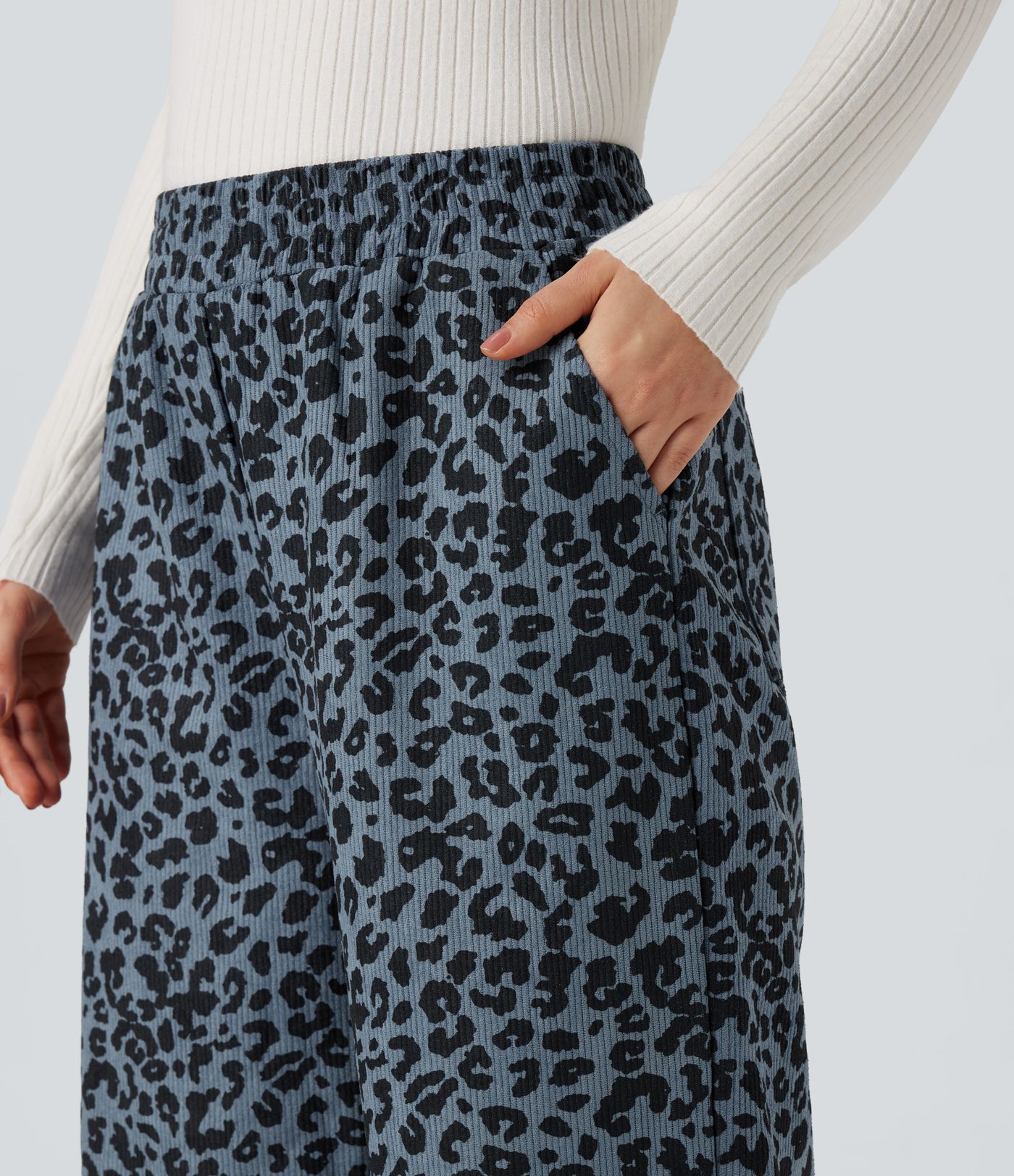 High Waisted Leopard Print Corduroy Casual Baggy Pants with Pockets