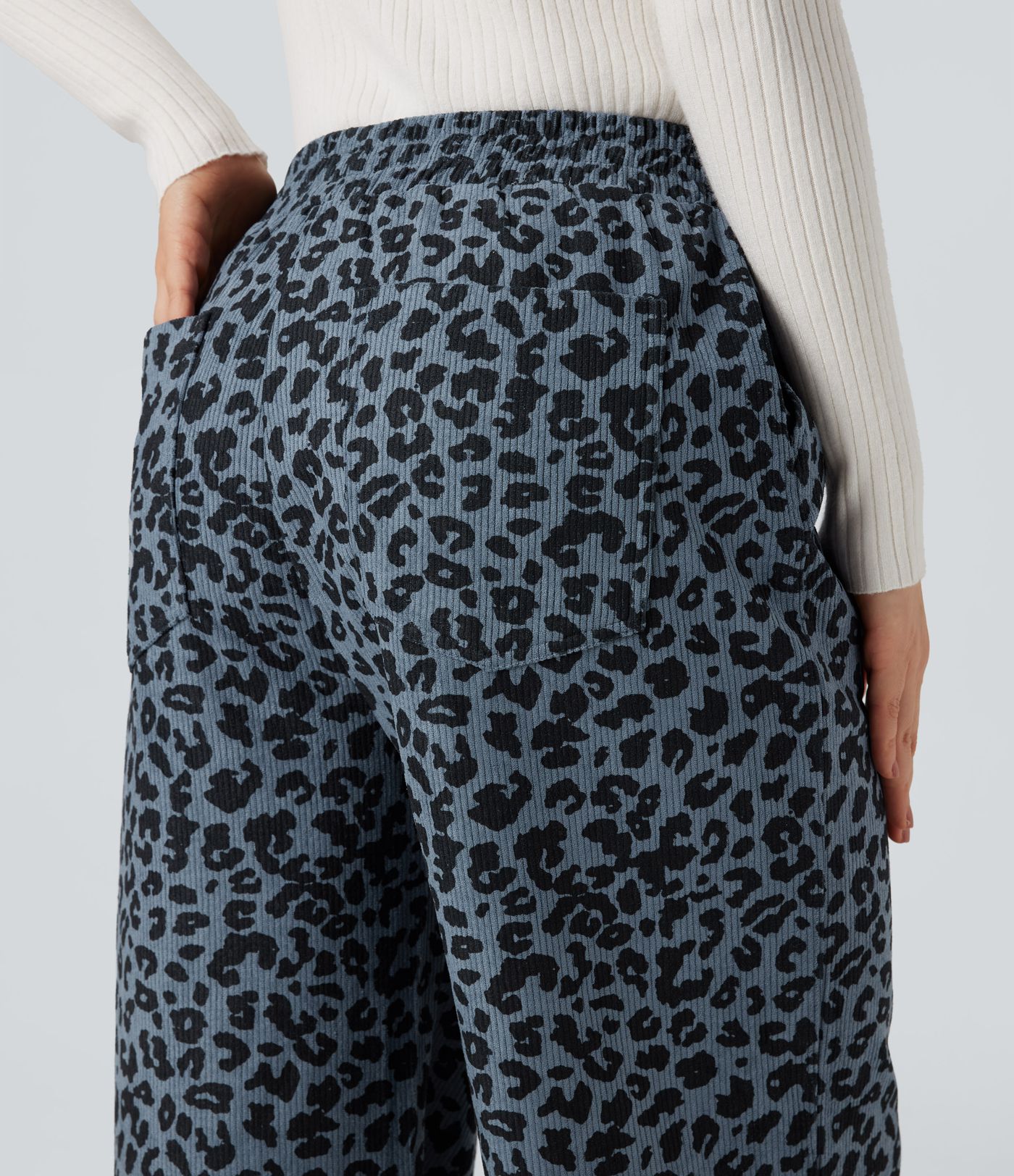 High Waisted Leopard Print Corduroy Casual Baggy Pants with Pockets