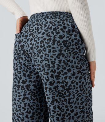 High Waisted Leopard Print Corduroy Casual Baggy Pants with Pockets