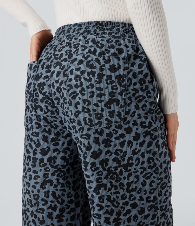 High Waisted Leopard Print Corduroy Casual Baggy Pants with Pockets