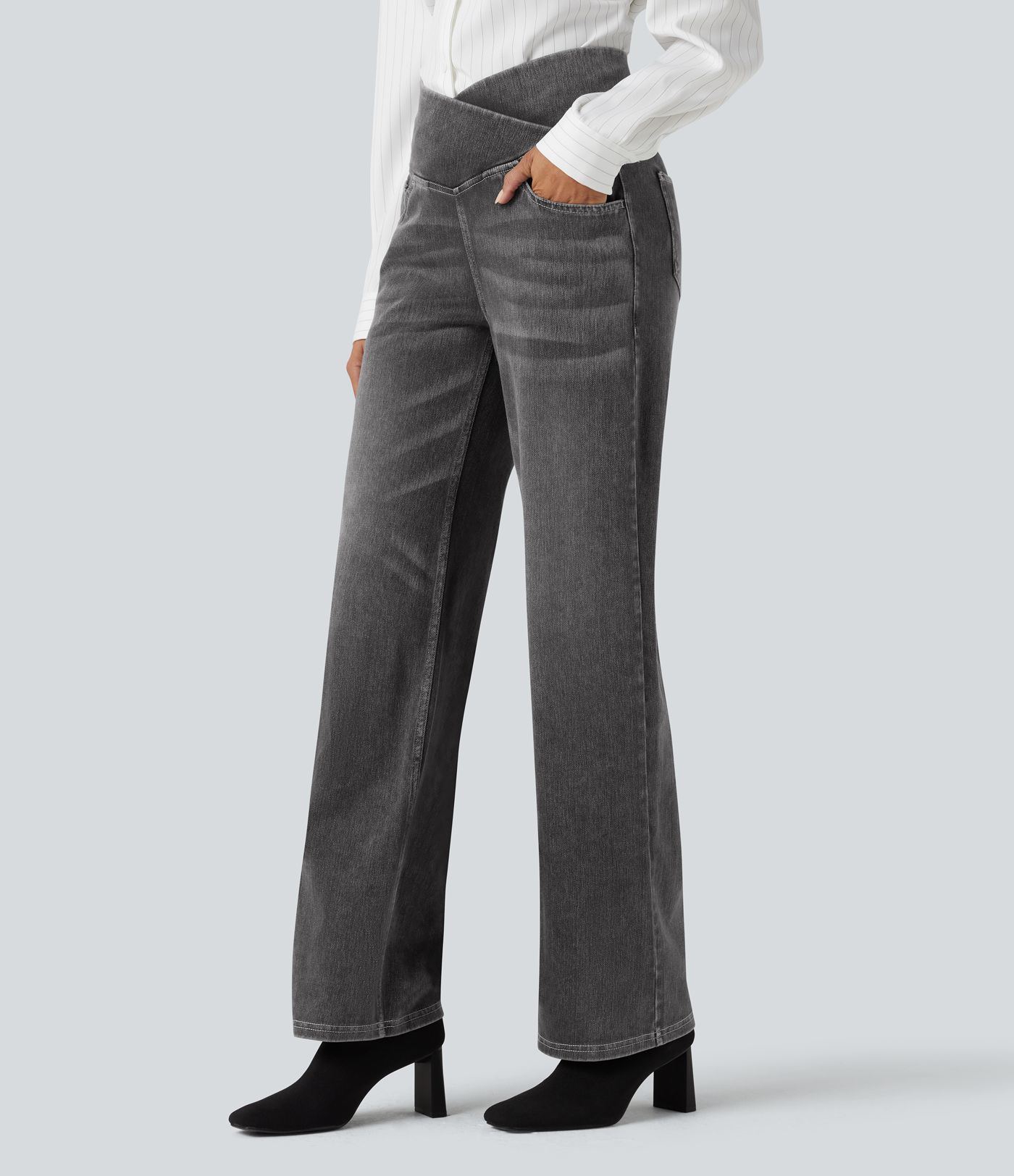 Halara Flex™ Crossover High Waisted Tummy Control Casual Straight Leg Jeans with Pockets