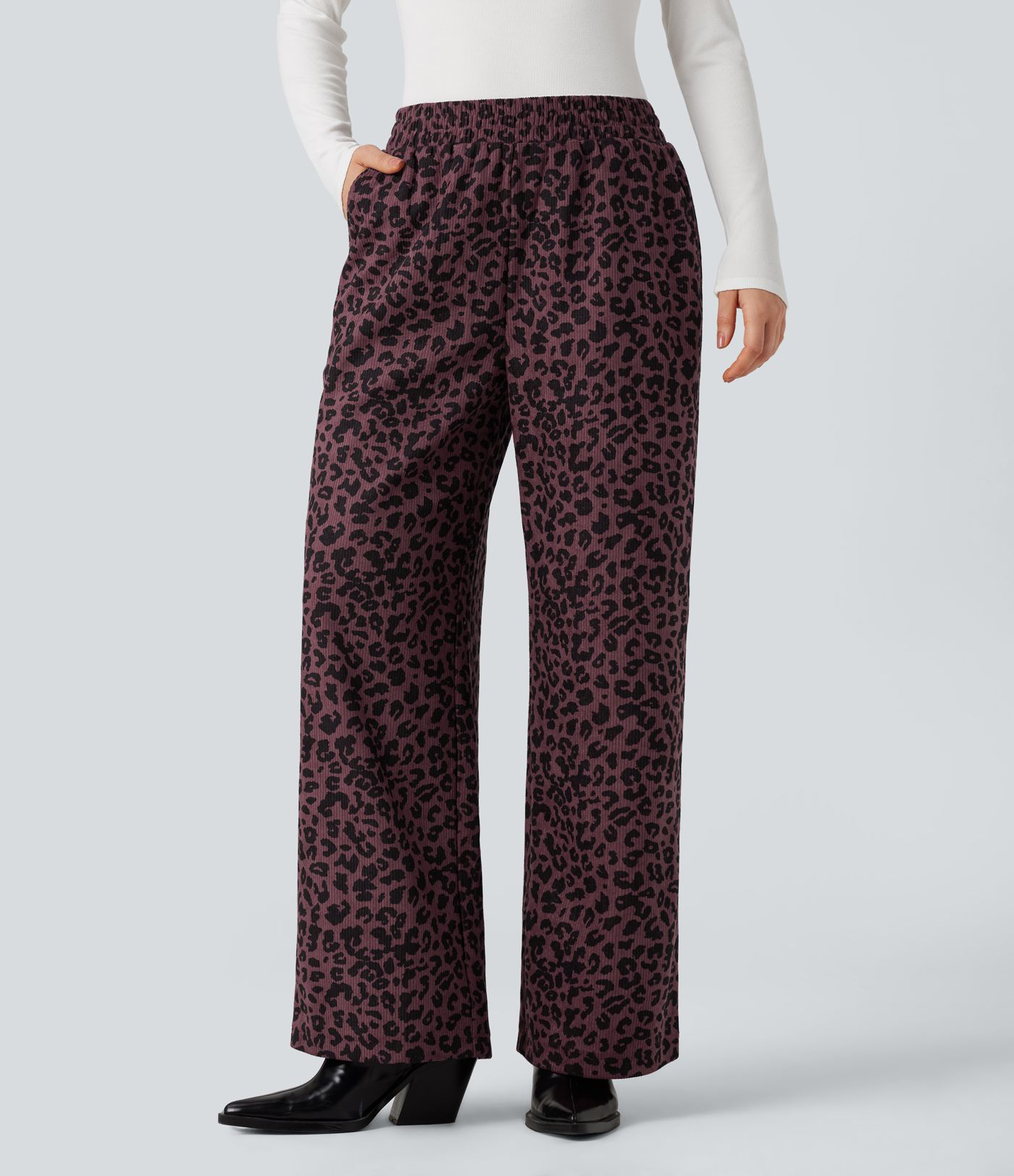High Waisted Leopard Print Corduroy Casual Baggy Pants with Pockets
