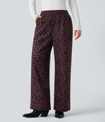 High Waisted Leopard Print Corduroy Casual Baggy Pants with Pockets