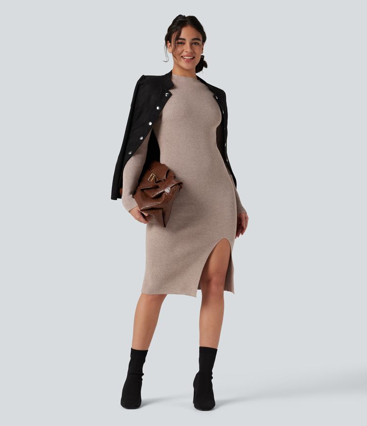 Mock-neck Long Sleeve Split Hem Bodycon Midi Work Sweater Dress