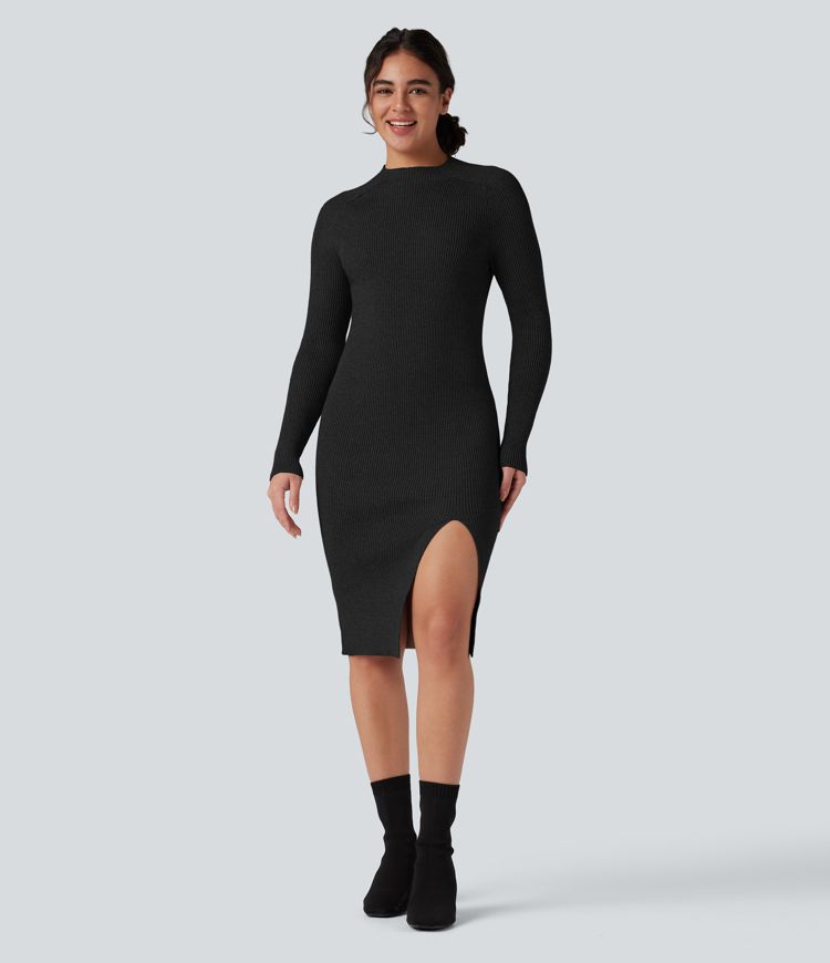 Mock-neck Long Sleeve Split Hem Bodycon Midi Work Sweater Dress