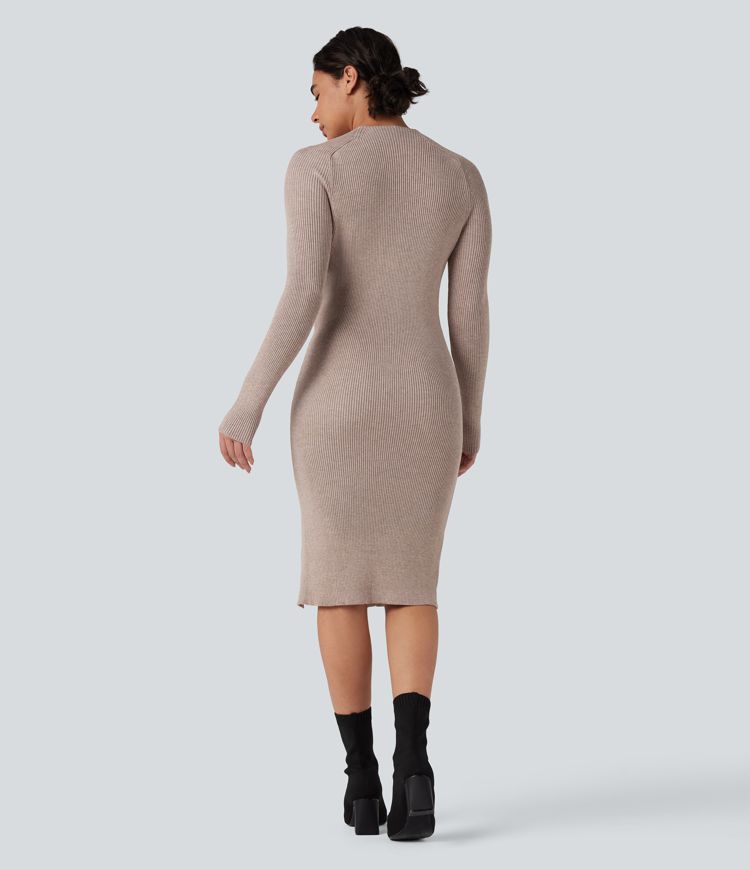 Mock-neck Long Sleeve Split Hem Bodycon Midi Work Sweater Dress