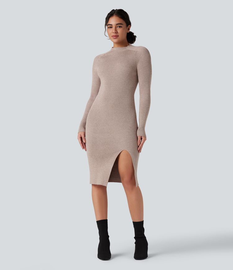 Mock-neck Long Sleeve Split Hem Bodycon Midi Work Jumper Dress