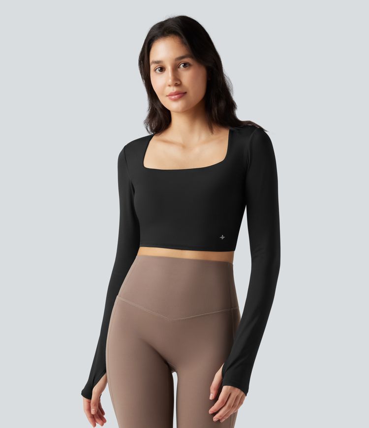 SoftlyZero™ Airy Square Neck Long Sleeve Thumb Hole Cool Touch Cropped Yoga Sports Top-UPF50+