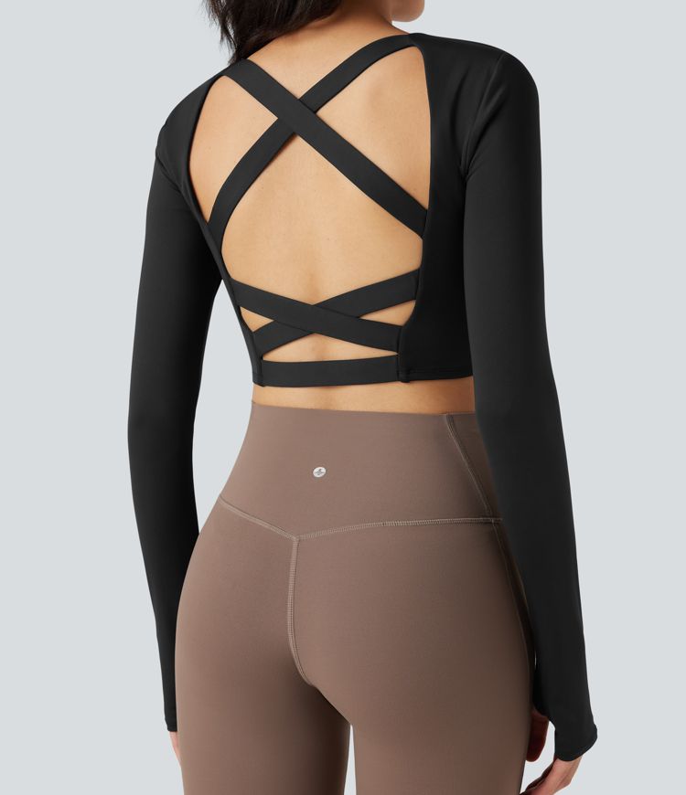 SoftlyZero™ Airy Square Neck Long Sleeve Thumb Hole Cool Touch Cropped Yoga Sports Top-UPF50+