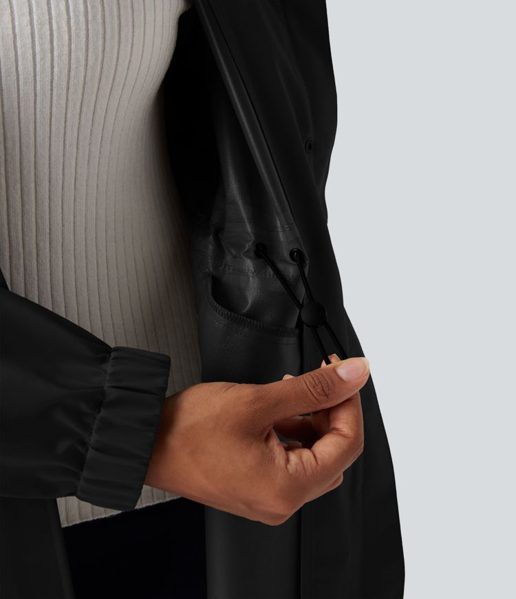 Waterproof Hooded Long Sleeve Longline Casual Jacket with Pockets