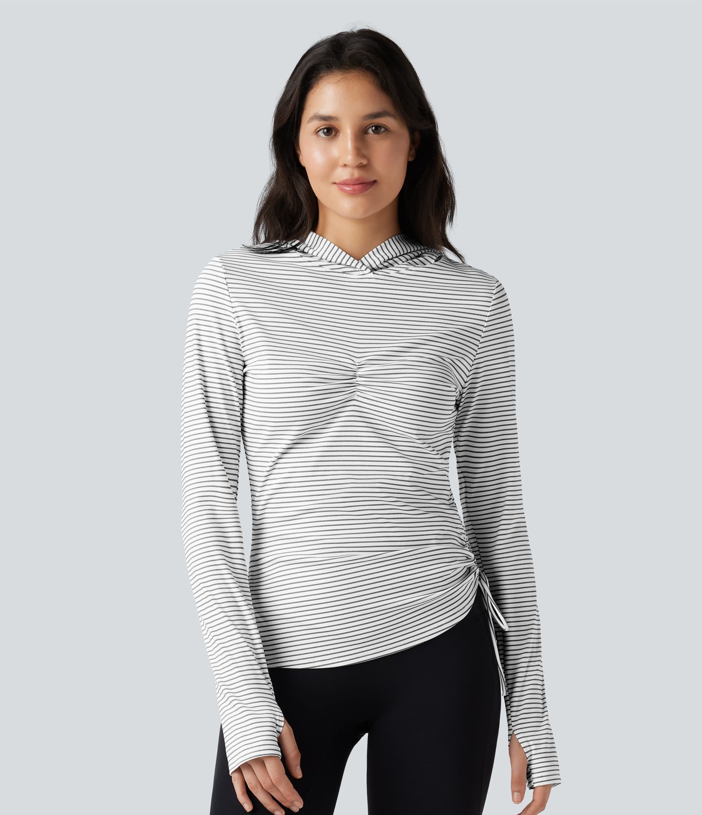 Hooded Long Sleeve Thumb Hole Cut Out Lace Up Stripe Workout Sports Top
