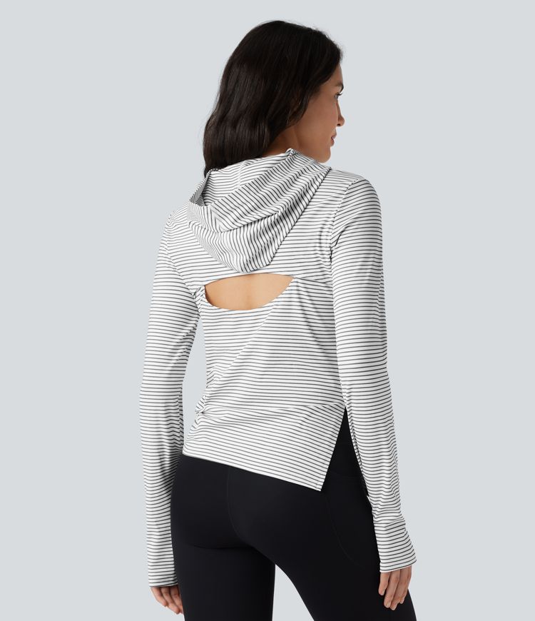 Hooded Long Sleeve Thumb Hole Cut Out Lace Up Stripe Workout Sports Top