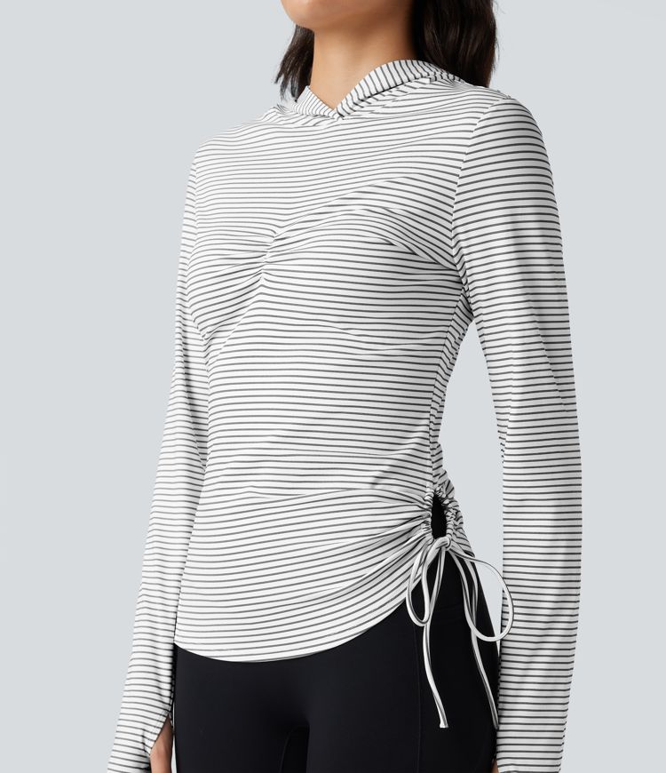 Hooded Long Sleeve Thumb Hole Cut Out Lace Up Stripe Workout Sports Top