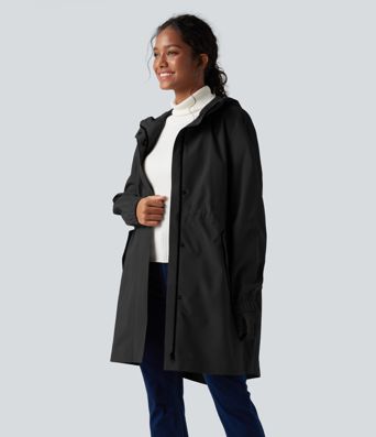 Waterproof Hooded Long Sleeve Longline Casual Jacket with Pockets