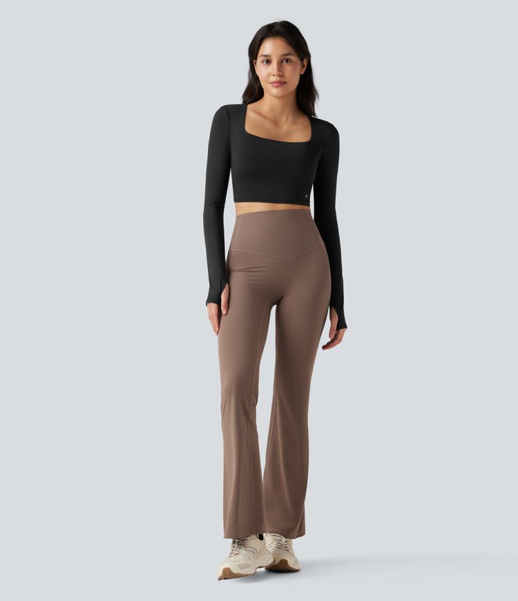SoftlyZero™ Airy Square Neck Long Sleeve Thumb Hole Cool Touch Cropped Yoga Sports Top-UPF50+