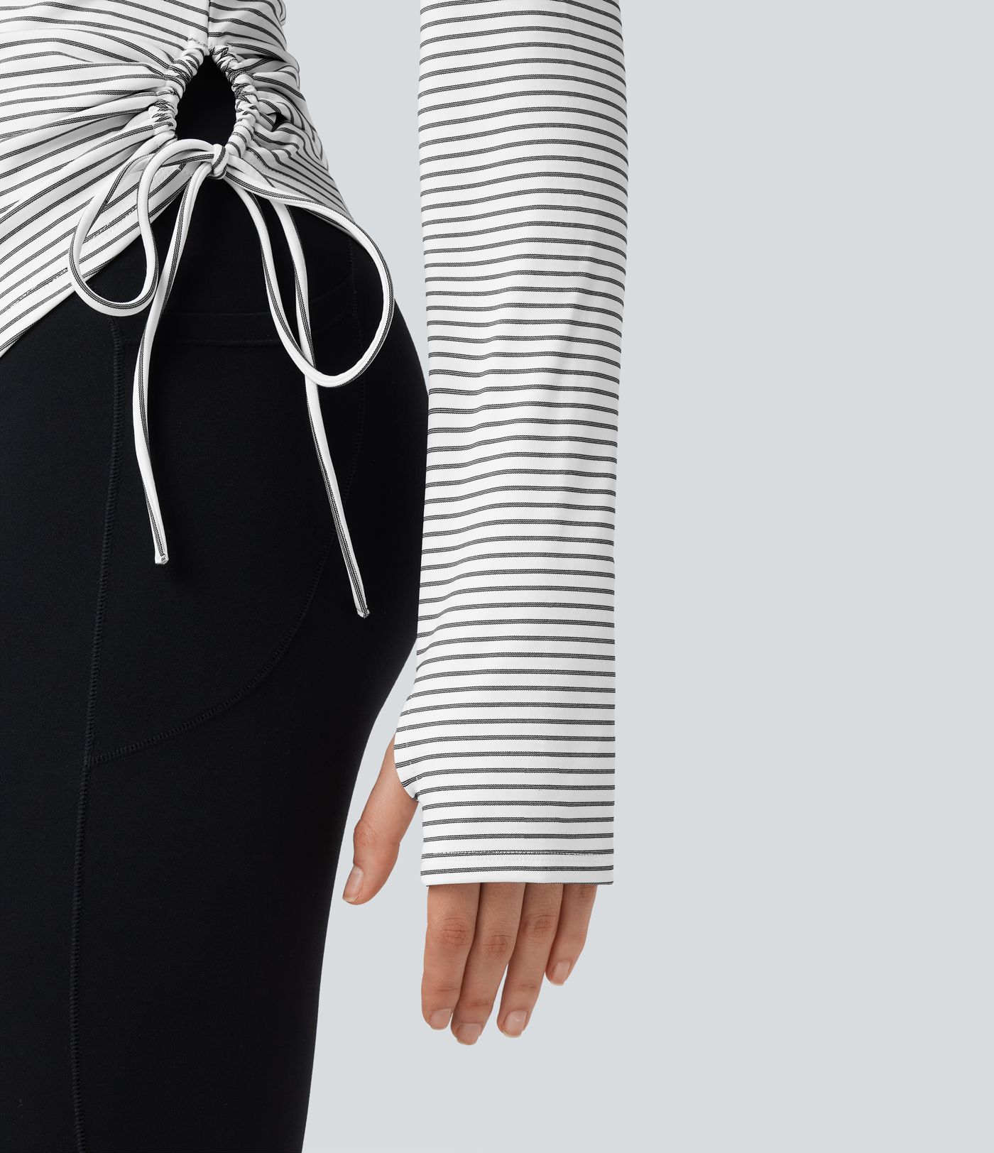 Hooded Long Sleeve Thumb Hole Cut Out Lace Up Stripe Workout Sports Top