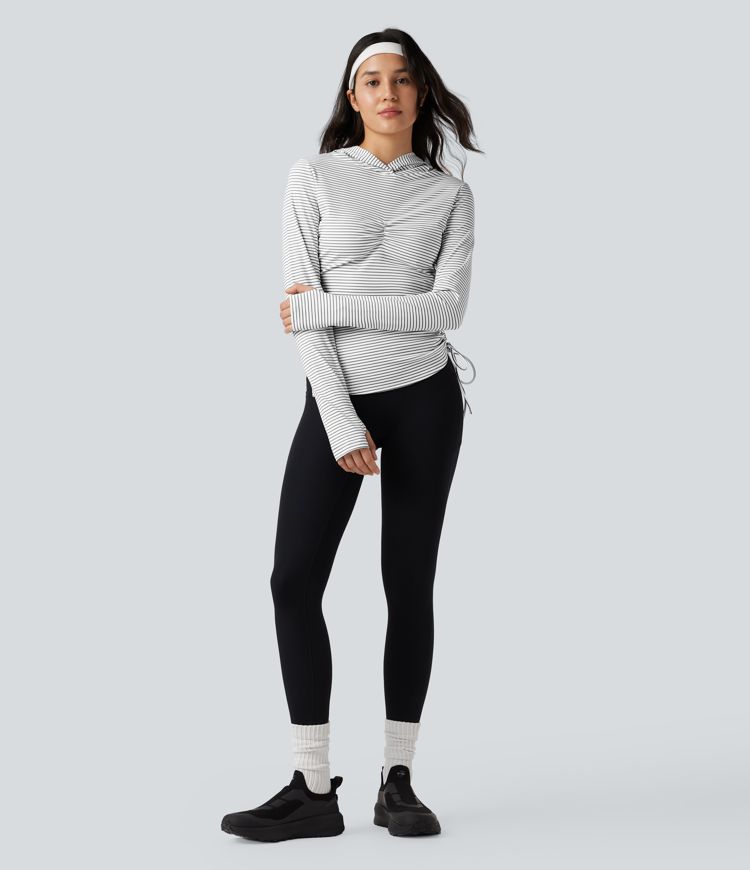 Hooded Long Sleeve Thumb Hole Cut Out Lace Up Stripe Workout Sports Top