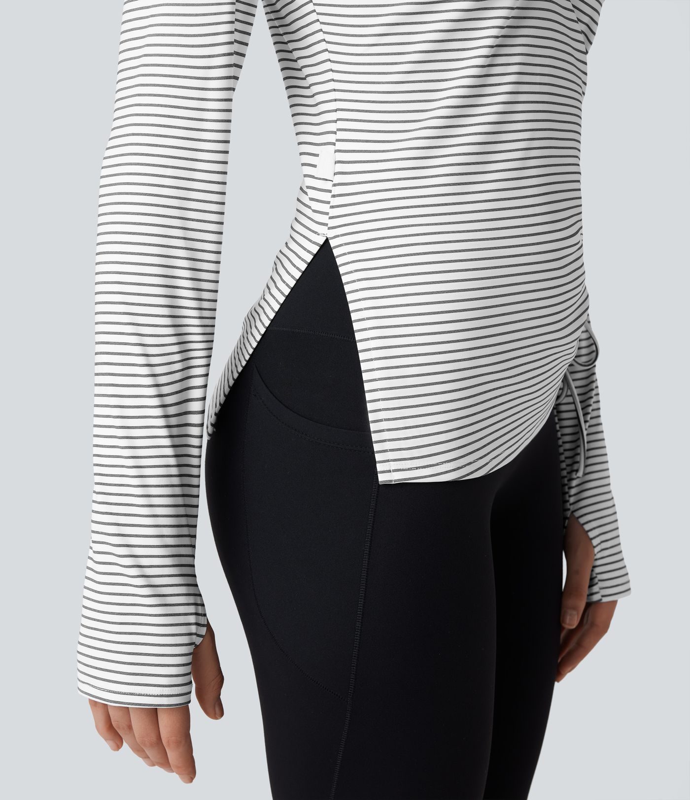 Hooded Long Sleeve Thumb Hole Cut Out Lace Up Stripe Workout Sports Top