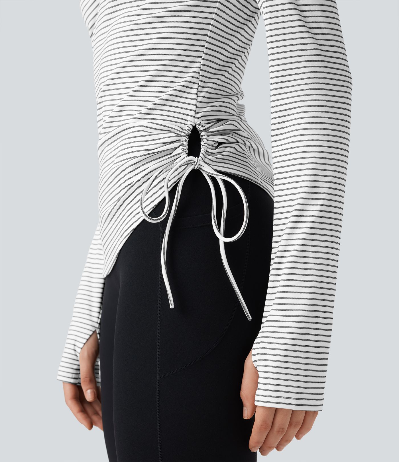 Hooded Long Sleeve Thumb Hole Cut Out Lace Up Stripe Workout Sports Top
