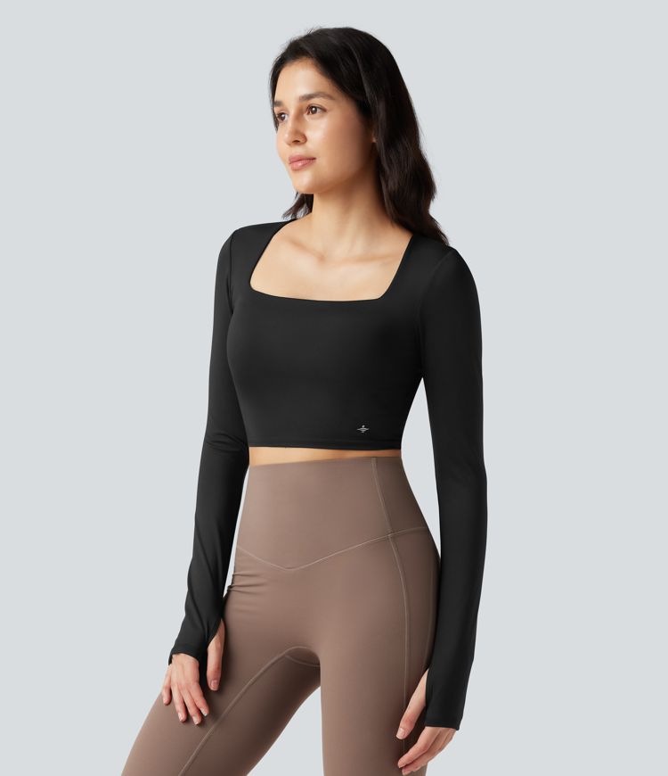 SoftlyZero™ Airy Square Neck Long Sleeve Thumb Hole Cool Touch Cropped Yoga Sports Top-UPF50+