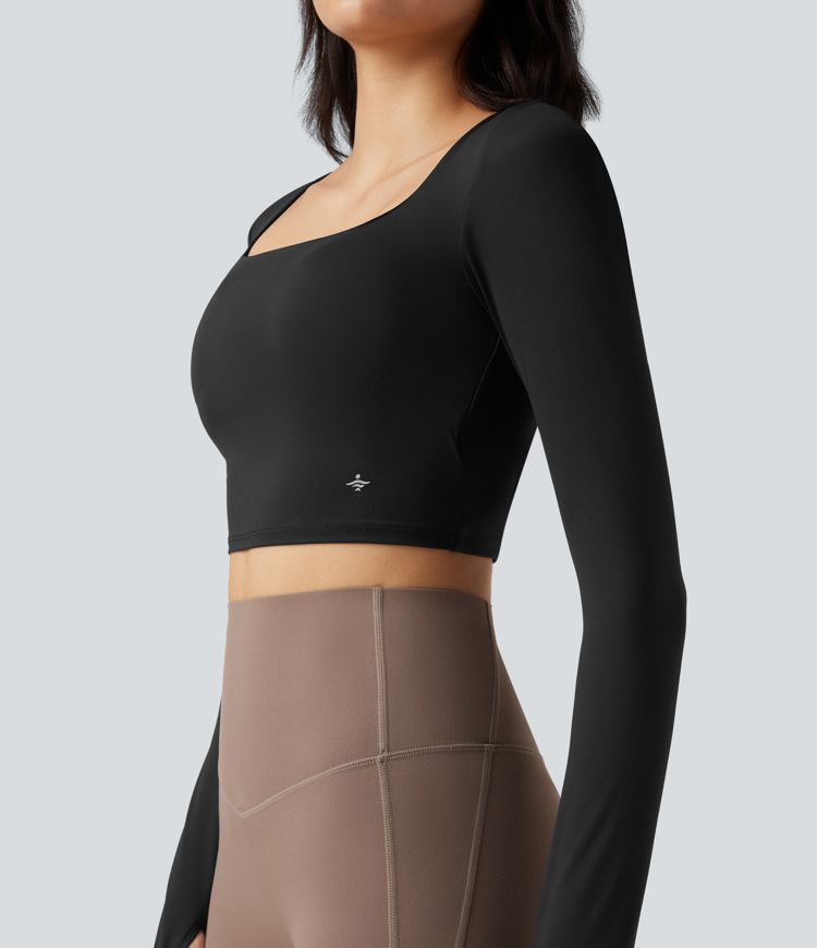 SoftlyZero™ Airy Square Neck Long Sleeve Thumb Hole Cool Touch Cropped Yoga Sports Top-UPF50+