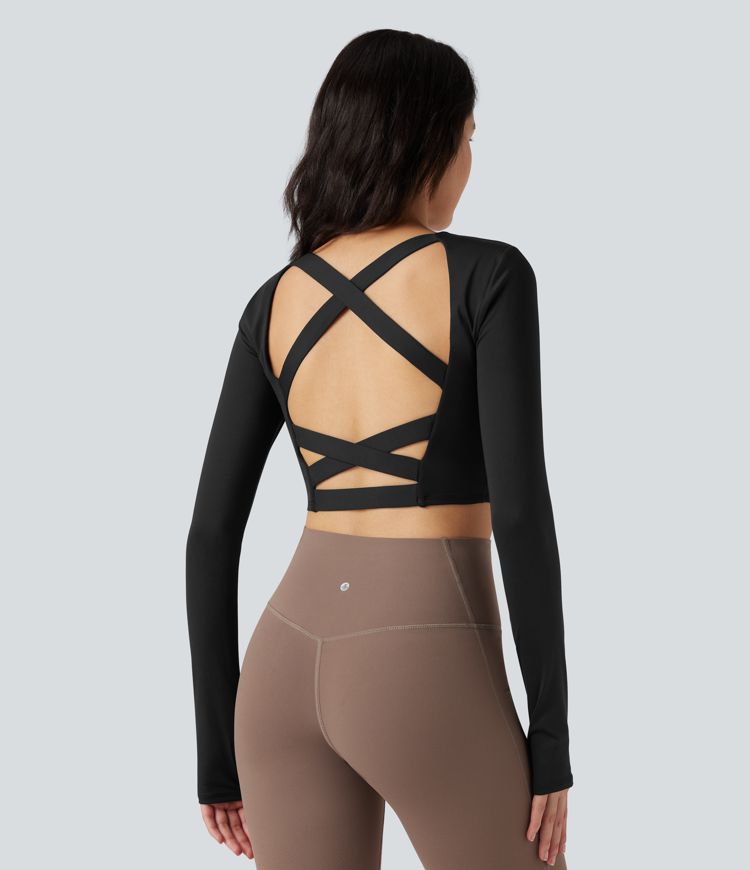 SoftlyZero™ Airy Square Neck Long Sleeve Thumb Hole Cool Touch Cropped Yoga Sports Top-UPF50+