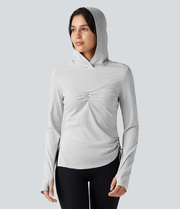 Hooded Long Sleeve Thumb Hole Cut Out Lace Up Stripe Workout Sports Top