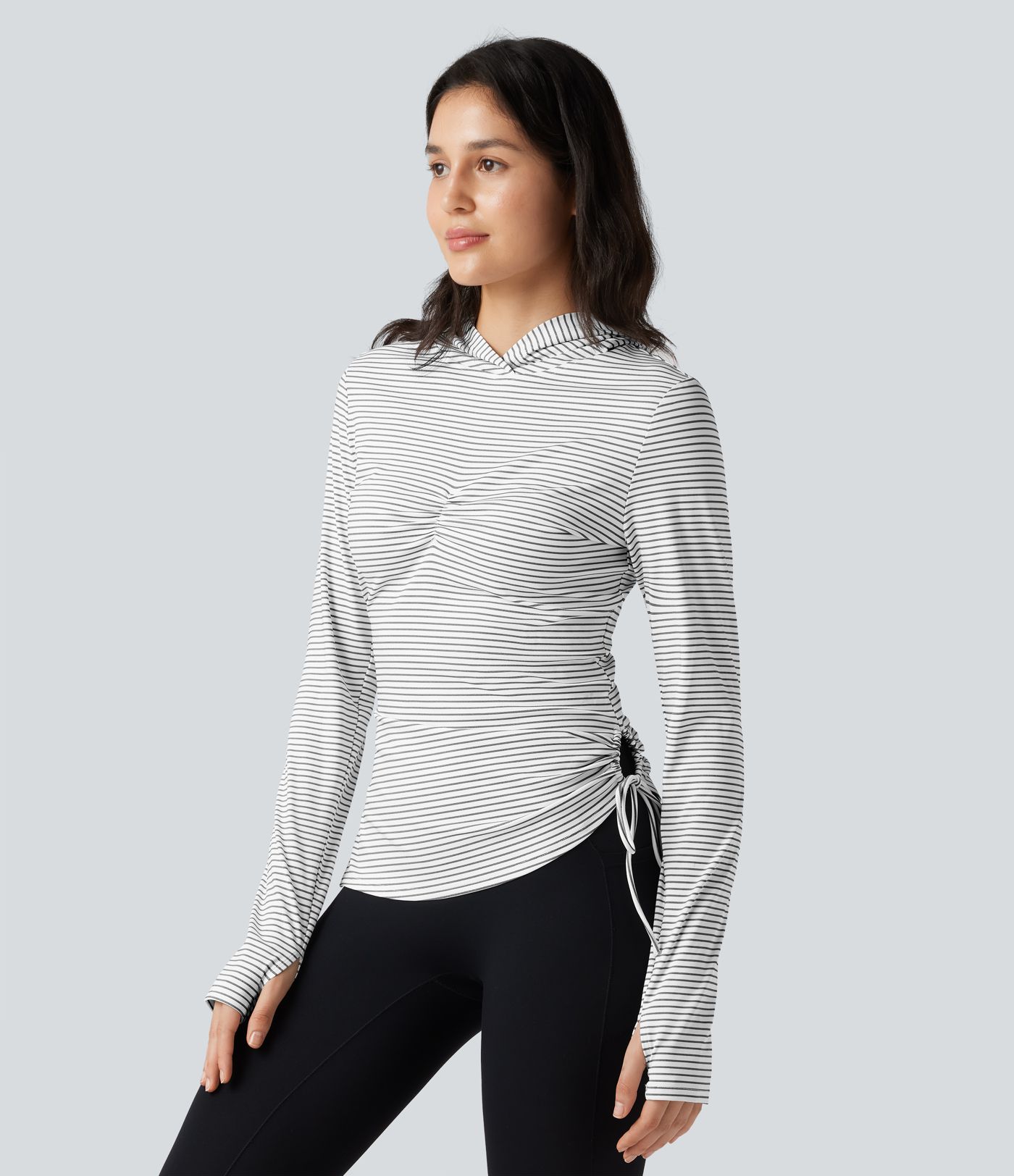 Hooded Long Sleeve Thumb Hole Cut Out Lace Up Stripe Workout Sports Top