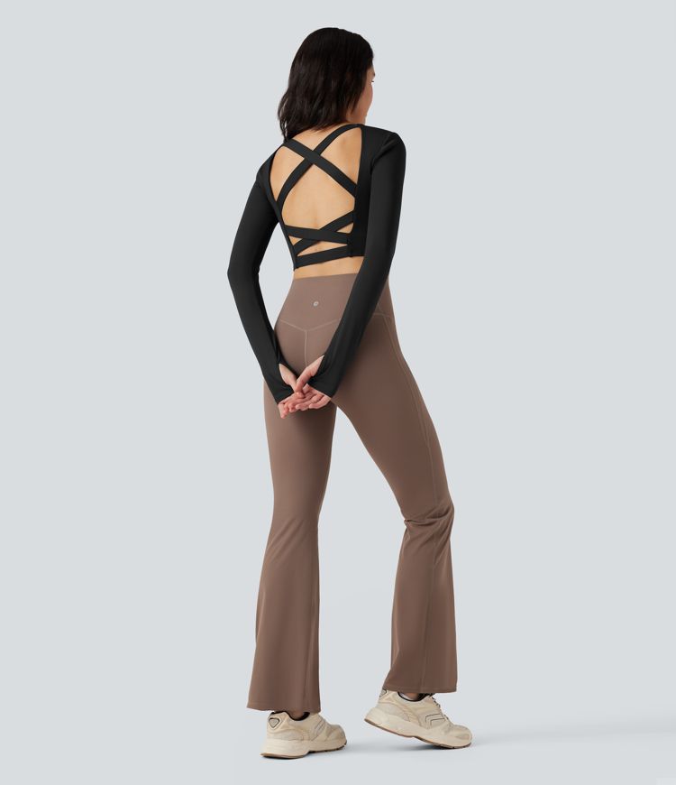 SoftlyZero™ Airy Square Neck Long Sleeve Thumb Hole Cool Touch Cropped Yoga Sports Top-UPF50+