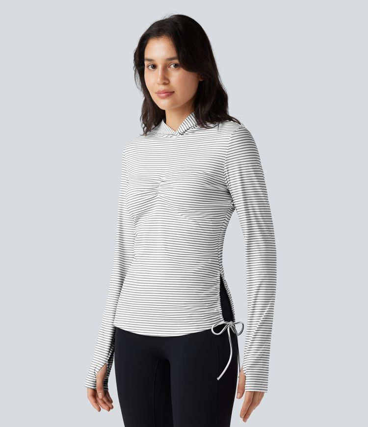 Hooded Long Sleeve Thumb Hole Cut Out Lace Up Stripe Workout Sports Top
