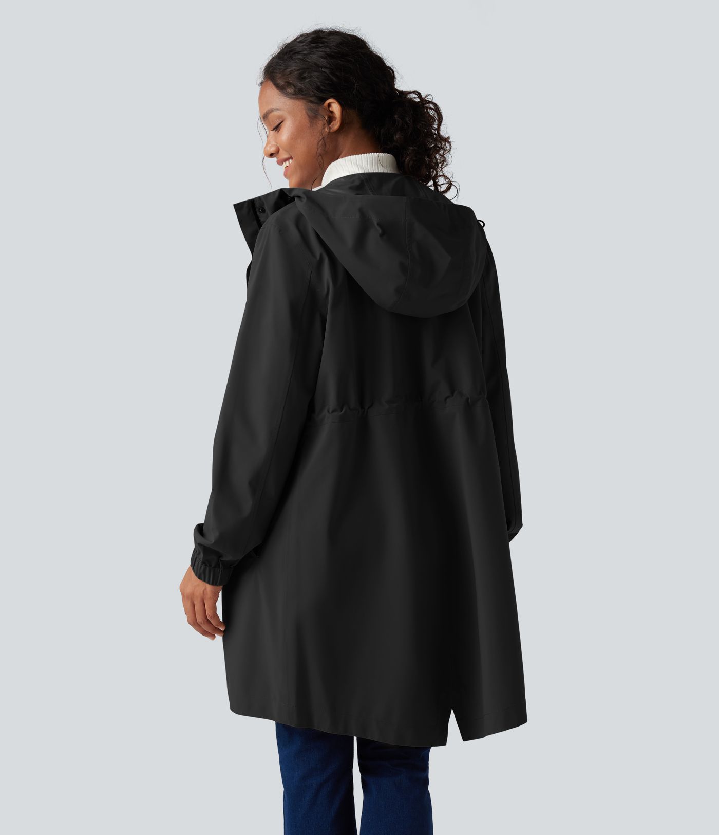 Waterproof Hooded Long Sleeve Longline Casual Jacket with Pockets