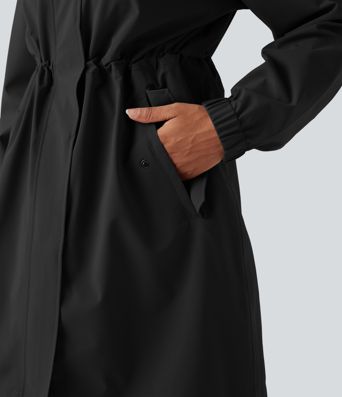 Waterproof Hooded Long Sleeve Longline Casual Jacket with Pockets