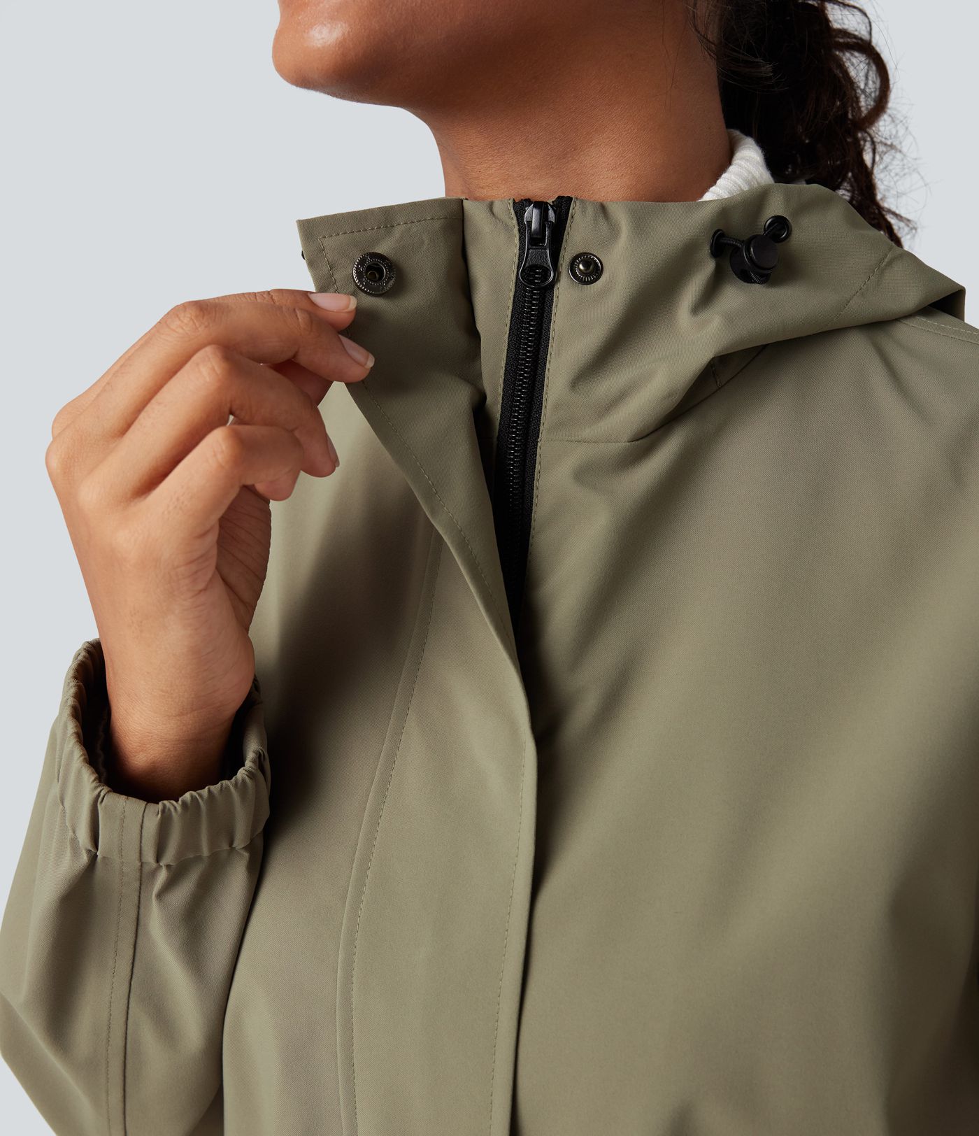 Waterproof Hooded Long Sleeve Longline Casual Jacket with Pockets