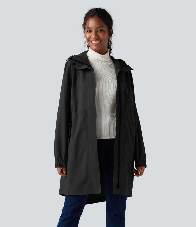 Waterproof Hooded Long Sleeve Longline Casual Jacket with Pockets